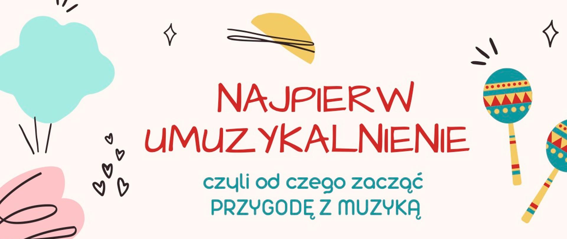 Tytuł warsztatów w kolorach czerwonym i morskim. Poniżej krótki harmonogram warsztatów. Wokół kolorowe kształty: chmurki, półksiężyce, serduszka. Po lewej stronie zdjęcie prowadzącej: młoda kobieta z ukulele, uśmiechnięta, siedzi na żółtej kanapie. Zdjęcie wystylizowane na polaroidowe.