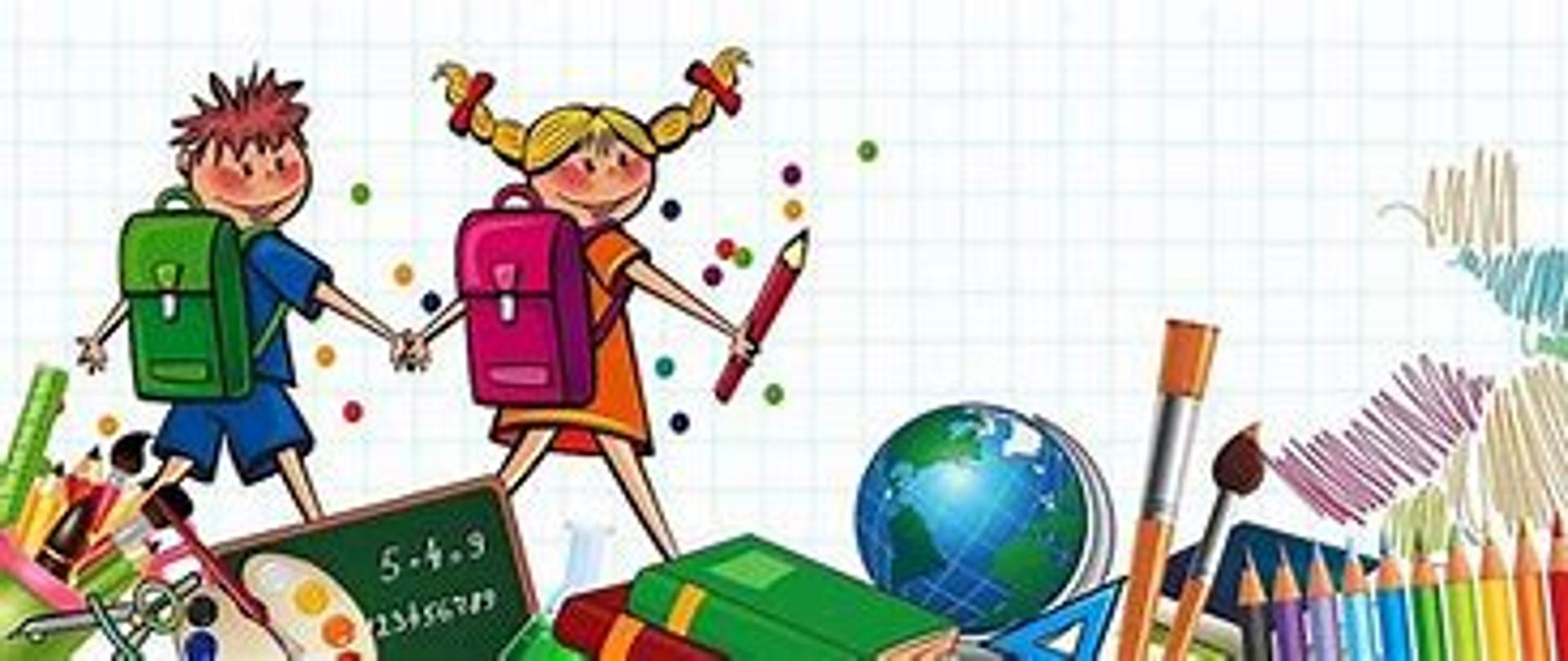 Kolorowy rysunek, dzieci z tornistrami wśród przyborów szkolnych