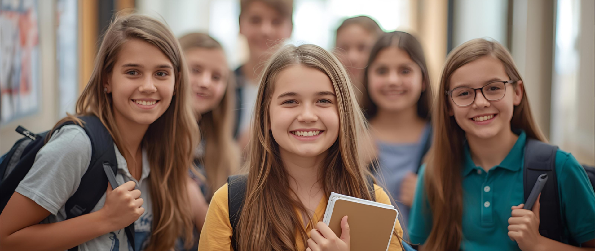 Grupa młodzieży szkolnej w wieku 12-16 lat, widoczna od pasa w górę, radosna, trzymająca przybory szkolne. Korytarz w tle lekko nieostry, naturalne światło