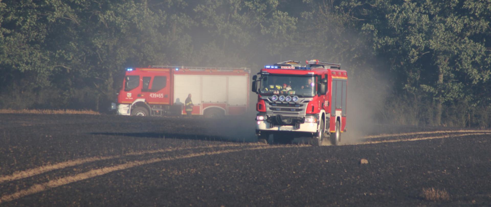 Zdjęcie przedstawia dwa samochody pożarnicze na spalonym polu.