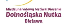 Na białym tle fioletowy tekst "Międzynarodowy Festiwal Piosenki Dolnośląska Nutka Bielawa"