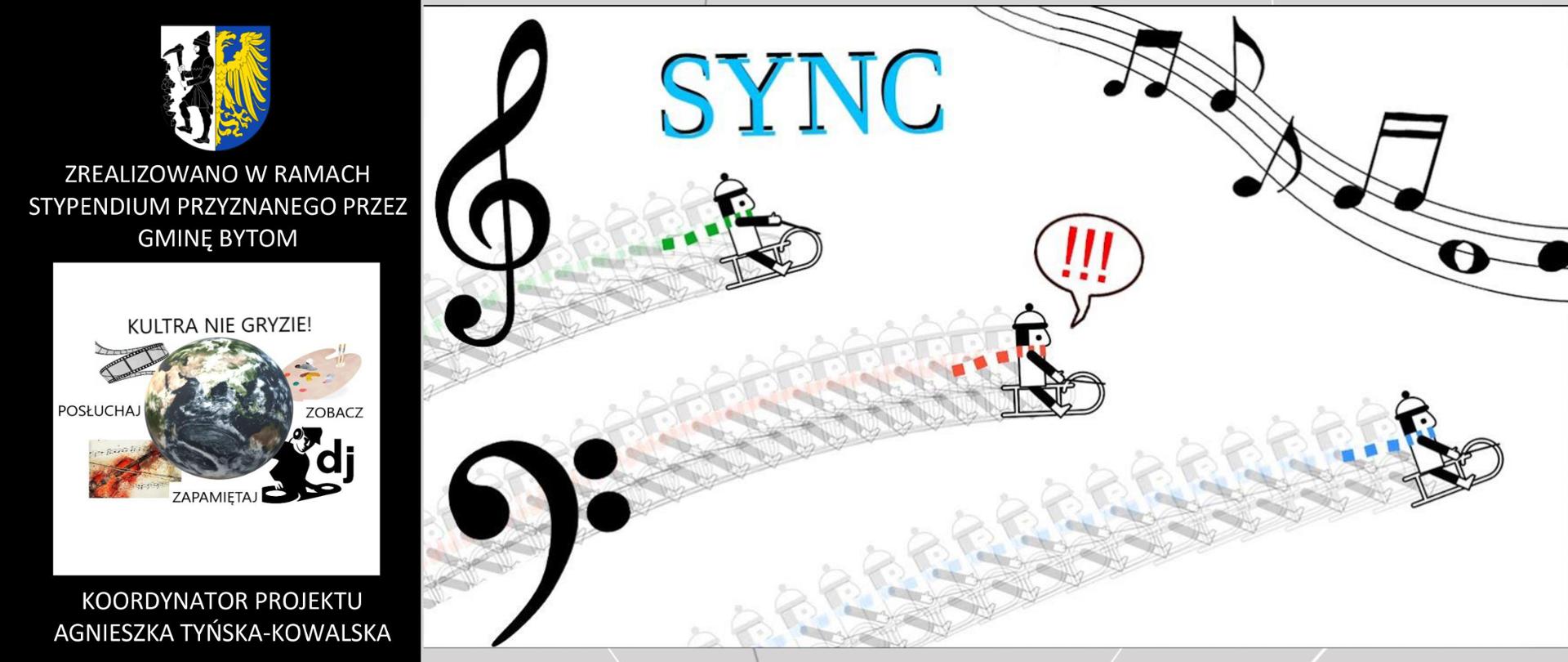 Plakat. Po lewej stronie na czarnym pionowym pasie logotypy szkoły oraz organizatora projektu i gminy Bytom. Po prawej stronie na szerokim szarym tle, na górze nazwa projektu, poniżej zdjęcie przedstawiające znaki muzyczne. Poniżej dane dot. terminu, miejsca i zapisów.