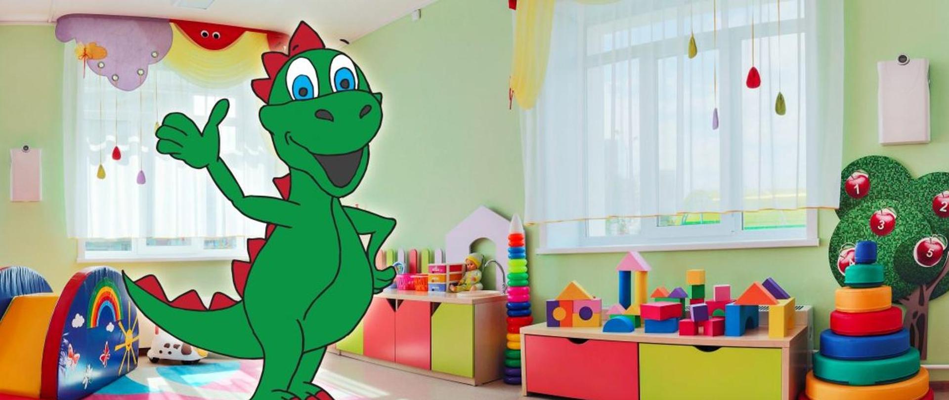 Rysowana postać dinozaura Dinusia na tle sali z zabawkami dla dzieci