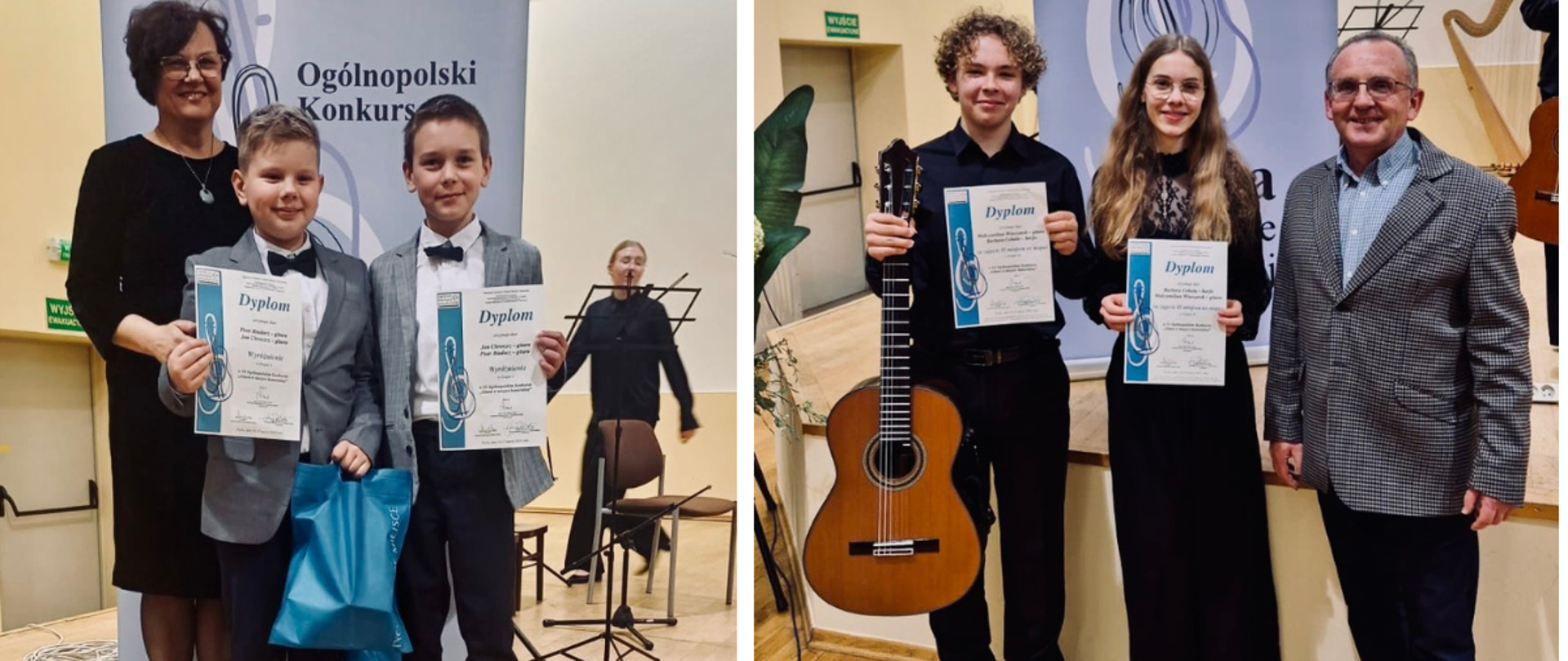 Kolaż - dwa kolorowe zdjęcia, znajdujące się obok siebie. Na pierwszym zdjęciu (z lewej strony) znajdują się dwaj młodzi gitarzyści w towarzystwie Pani Wizytator. Chłopcy ubrani są w odświętne stroje, w jednej ręce trzymamy dyplomy wyróżnieniem a w drugiej niebieskie torby z upominkami. Wszyscy stoją na tle baneru konkursowego. Na drugim zdjęciu (z prawej strony) znajdują się (od lewej) gitarzysta, harfistka i ich nauczyciel Marceli Kubica. Wszyscy ubrani są w odświętne stroje, chłopak trzyma w lewej ręce gitarę a w prawej dyplom za zajęcie II miejsca, dziewczyna trzymam w obu rękach dyplomy II miejsca. Wszyscy stoją na tle baneru konkursowego.