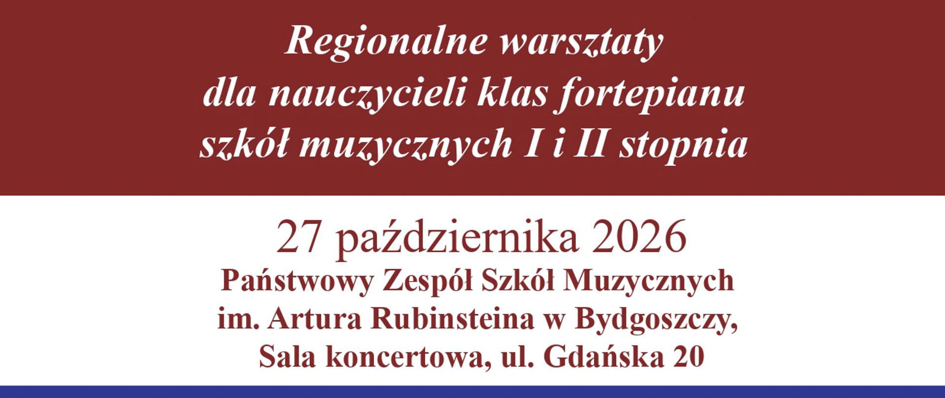 plakat na górze logo centrum edukacji artystycznej w kolorach szarym i czerwonym poniżej brązowy pas a anim białe litery z informacją, pod nim biały pas a u dołu niebieski kolor z żółtymi literami poniżej na białym tle logo szkoły czarna otwarta klapa od fortepianu i napis w kolorze czarnym państwowy zespół szkół muzycznych