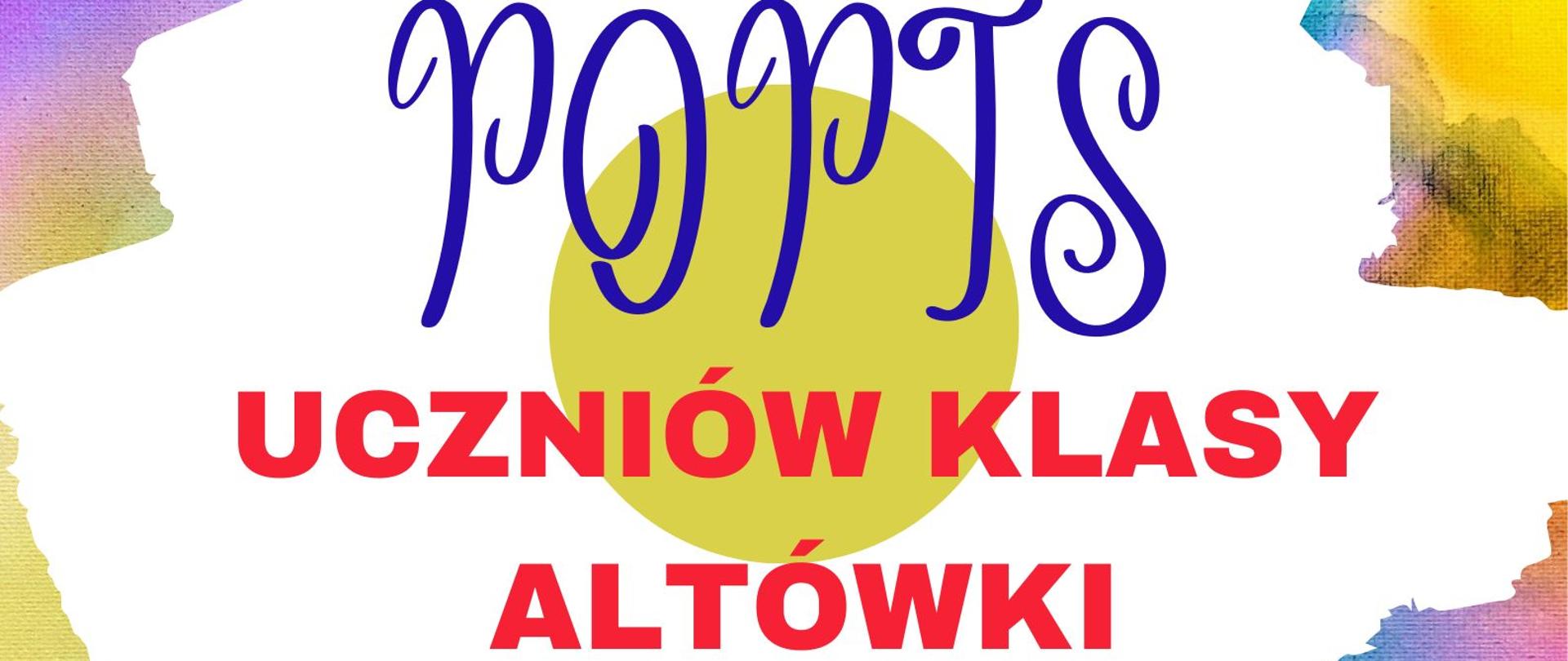 Plakat z wydarzeniem - Popis uczniów klasy altówki, który odbędzie się 23 czerwca 2025r. o godz. 15:00 w auli ZPSM w Dębicy, tło plakatu to kartka pomalowana pastelowymi kolorami - niebieski, fioltetowy, błękitny, żółty, czerwony, różówy, napisy z dniem, godzinąi miejscem wydarzenia w kolorze czarnym napis POPIS w kolorze niebieskim, napis uczniów klasy altówki w kolorze czerwonym