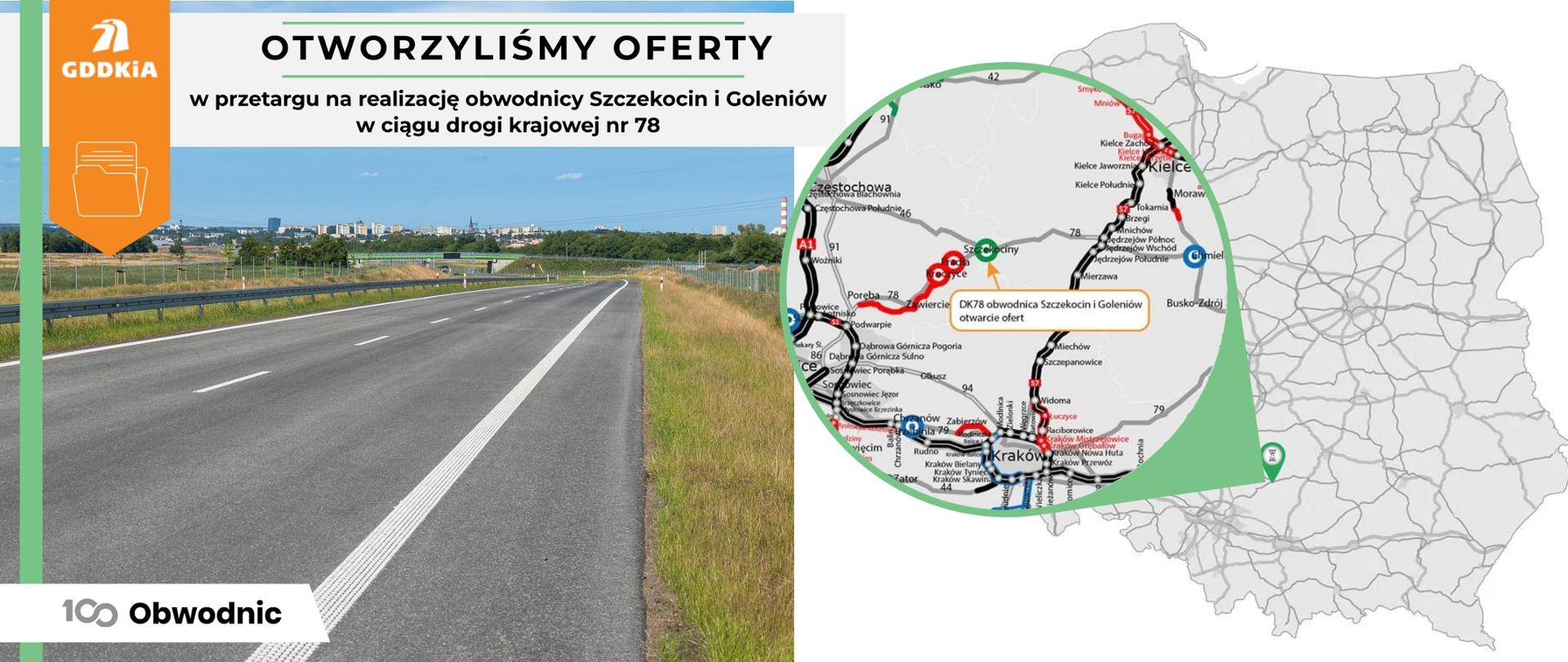 Grafika informacyjna Generalnej Dyrekcji Dróg Krajowych i Autostrad (GDDKiA) dotycząca przetargu na realizację obwodnic Szczekocin i Goleniowa w ciągu drogi krajowej nr 78. Po lewej stronie zdjęcie asfaltowej drogi z barierkami i zielenią po bokach. Powyżej umieszczony jest nagłówek: „Otworzyliśmy oferty w przetargu na realizację obwodnicy Szczekocin i Goleniowa w ciągu drogi krajowej nr 78”. Po prawej stronie znajduje się mapa Polski z zaznaczoną lokalizacją projektowanych obwodnic w regionie śląskim. W prawym dolnym rogu widnieje logo programu „100 obwodnic”.