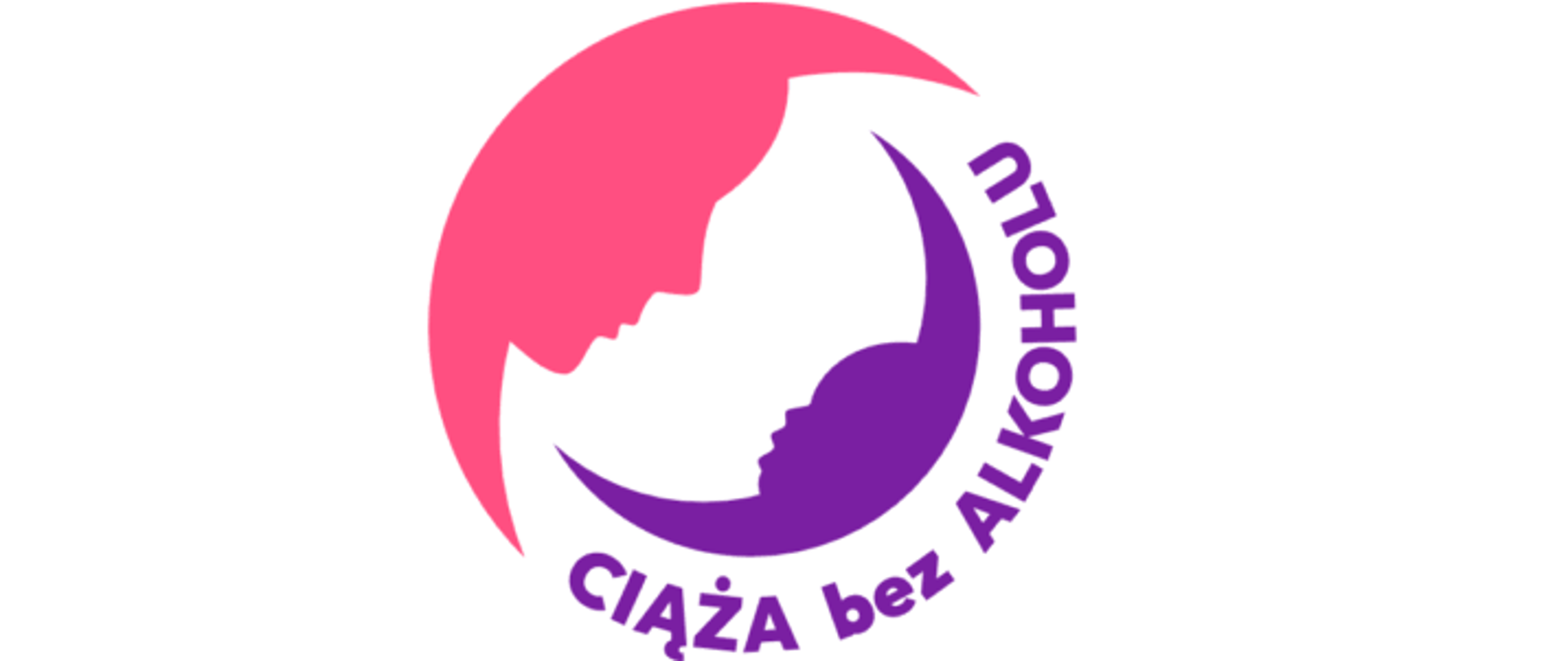 W kręgu widoczna różowa twarz kobiety i fioletowa twarz małego dziecka z napisem Ciąża bez Alkoholu.