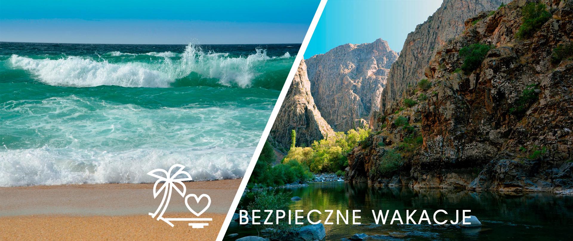 Obraz morza i gór wraz z ikoną palmy i serca oraz napisem bezpieczne wakacje.