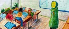 Kolorowy rysunek, na którym widać klasę lekcyjną, w ławkach przed laptopami siedzą uczniowie, po prawej stronie zielony robot z głową w formie monitora 