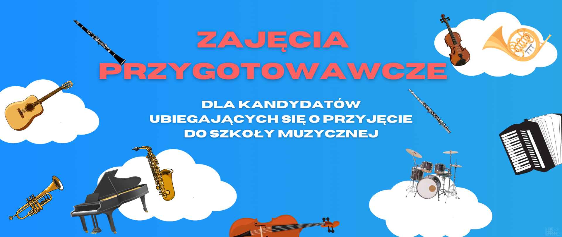 obraz przedstawia instrumenty na niebieski tle oraz informacje o zajęciach przygotowawczych dla kandydatów ubiegających się o przyjęcie do szkoły
