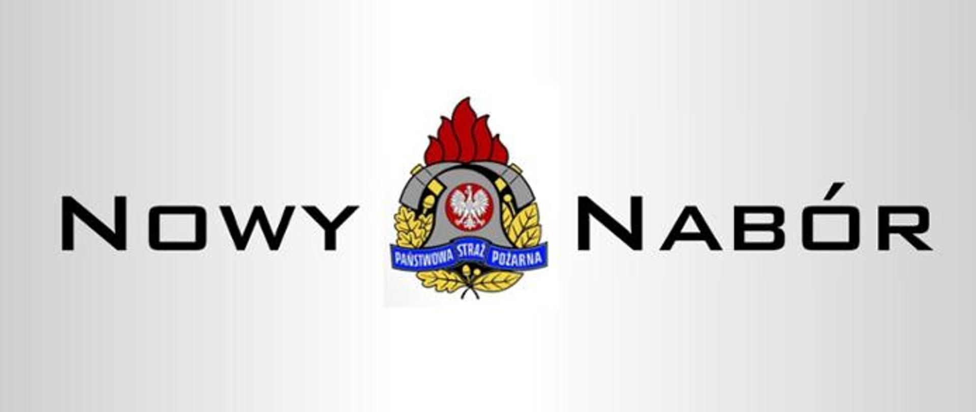 Logotyp Państwowej Straży Pożarnej na szarym tle z napisem "Nowy nabór"