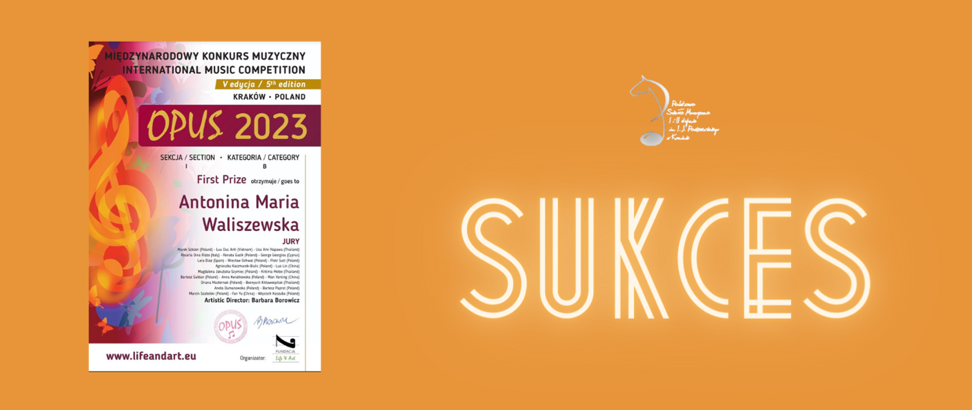 Baner sukces ze zdjęciem dyplomu Laureatki.