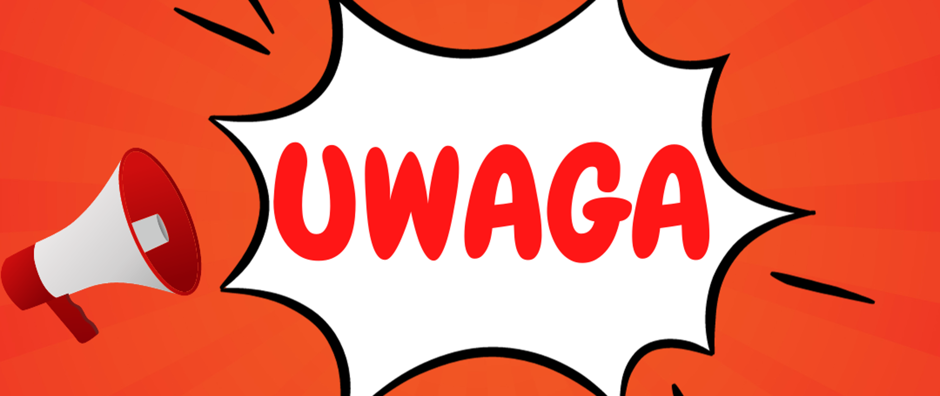 Czerwone tło, po lewej głośnik, na środku biała chmura z napisem UWAGA