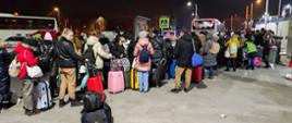 Widok wielu osób z bagażami stojących w nocy na chodniku na terenie dworca kolejowego w Rzepinie. W tle widoczne autobusy.
