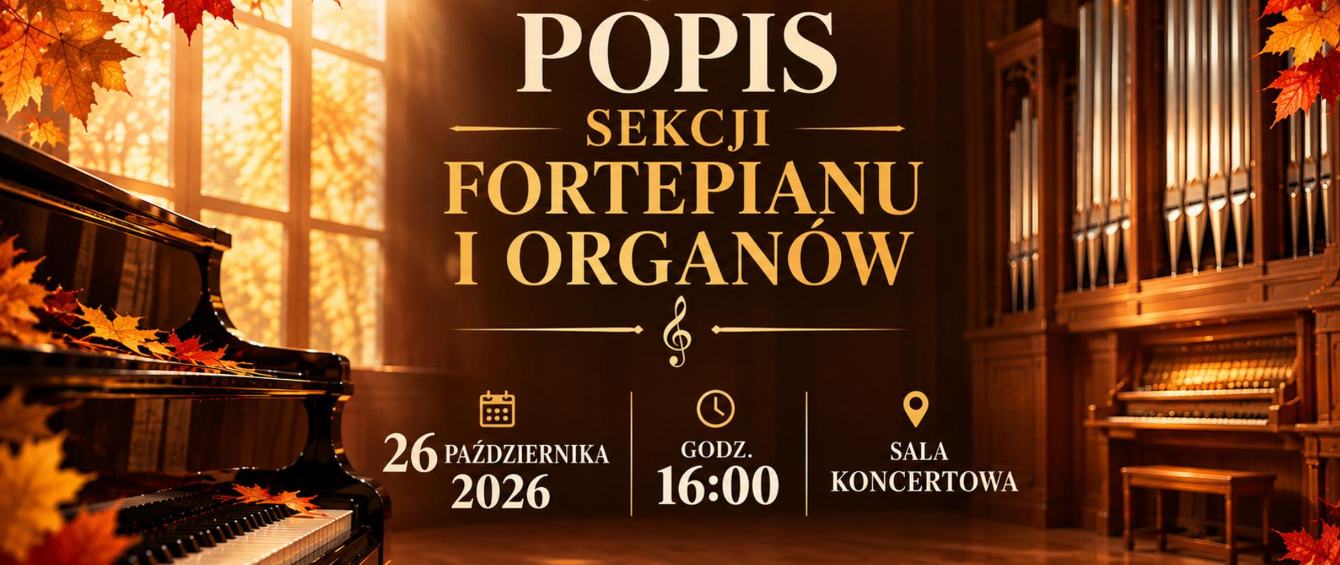 Plakat na Popis Sekcji Fortepianu i Organów, 26 października 2026 r., godz. 16:00, Sala Koncertowa OSM w Lublinie. W tle fortepian, organy i jesienne liście.