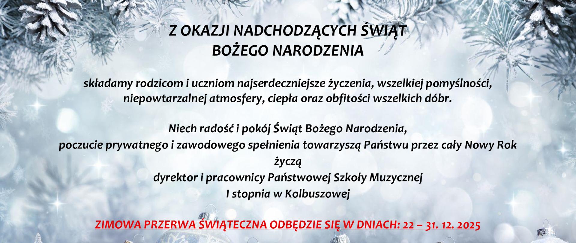 Plakat na kolorowym tle z Zyczeniami świątecznymi w kolorze czrnym.