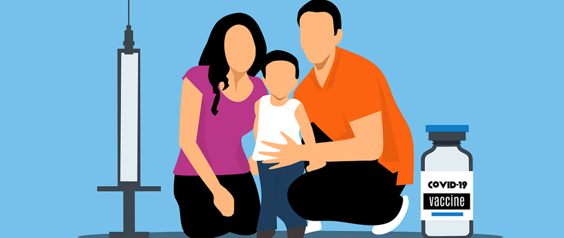 Grafika przedstawiająca 3 postaci - matkę, ojca i dziecko. Obok nich po prawej stronie fiolka szczepionki z napisem Vacine Covid-19, po lewej strzykawka z igłą.