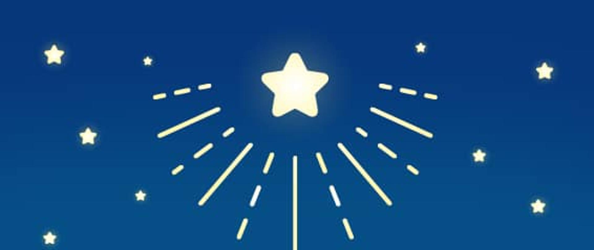 Ilustracja z życzeniami świątecznymi na tle niebieskim, na dole strony przedstawiona jest grafika przedstawiająca Maryję, Józefa oraz Jezusa.
