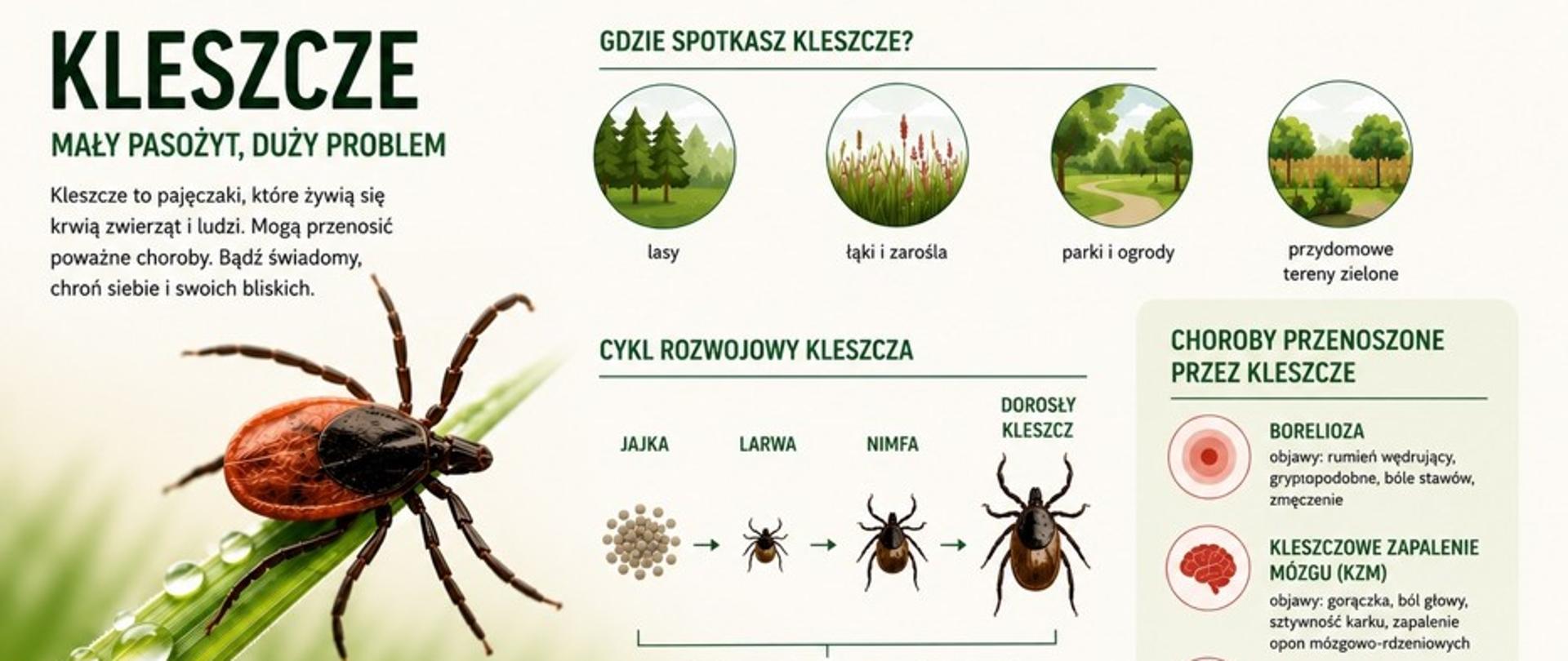 Infografika o kleszczach: miejsca występowania, cykl rozwojowy, choroby (borelioza, KZM, babeszjoza) oraz zasady ochrony i bezpiecznego usuwania kleszcza.
