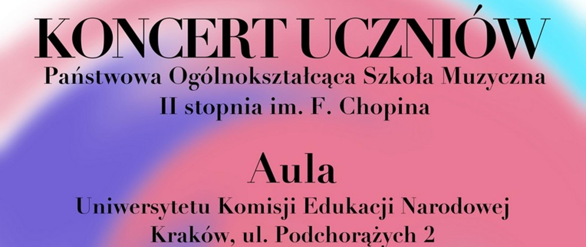 Plakat, kolorowe tło, grafiki instrumentów; tekst: koncert uczniów POSM, Aula Uniwersytetu Komisji Edukacji Narodowej, 2 kwietnia 2025 r., godz. 17:00