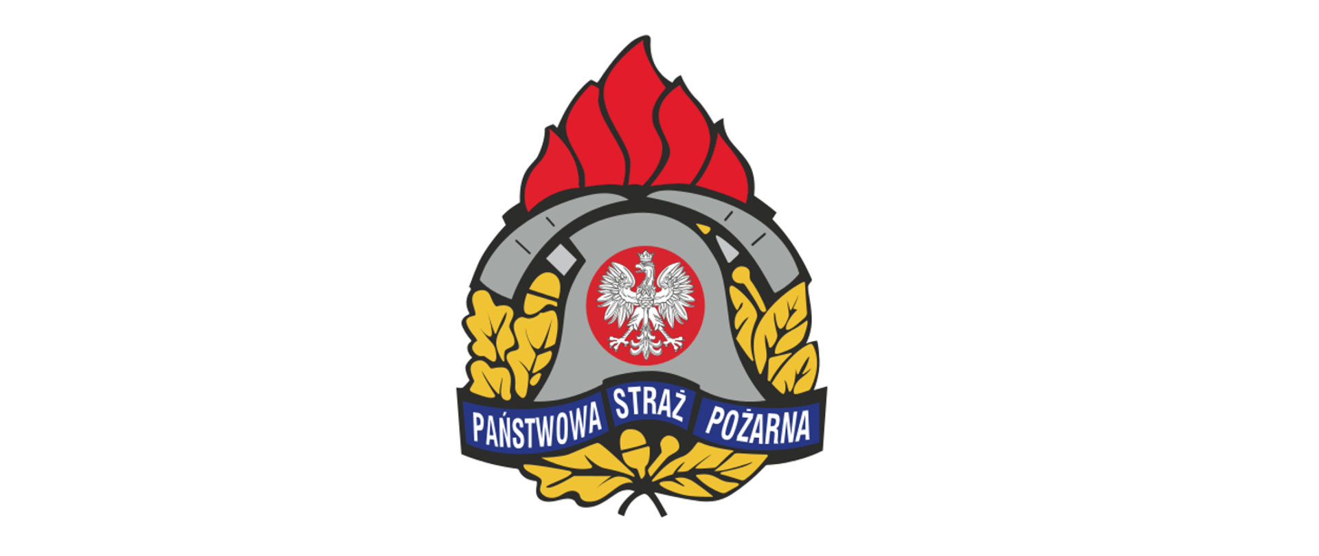 Zdjęcie przedstawia logotyp Państwowej Straży Pożarnej. Hełm strażacki z herbem Państwowym, pod nim na wstęgach napis "Państwowa Straż Pożarna", za hełmem dwa skrzyżowane toporki strażackie, nad nimi płomień, a całość osłonięta wieńcem w kolorze złotym.
