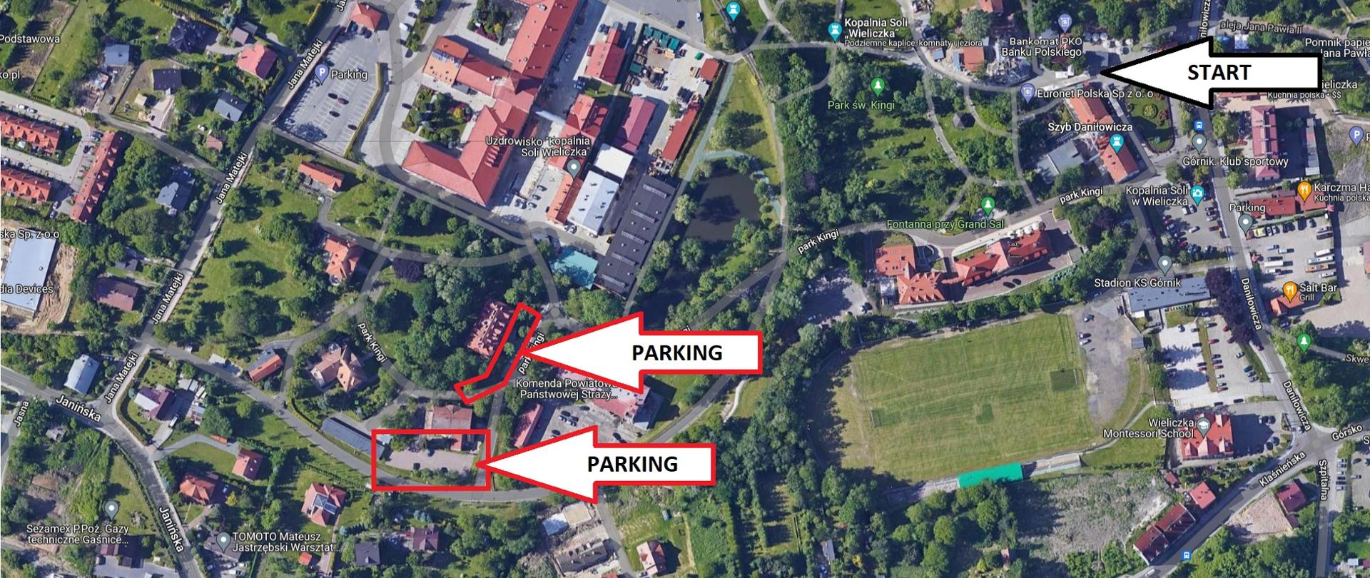 Mapa z zaznaczonymi parkingami dla zawodników