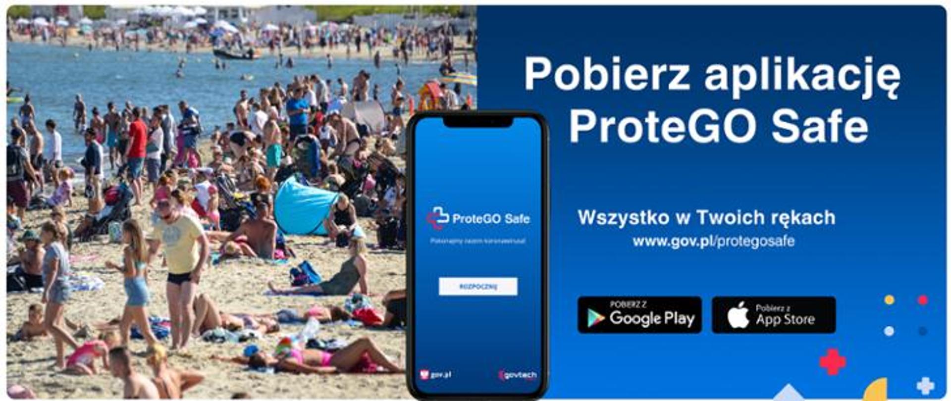 Niebieskie tło z napisem Pobierz aplikację ProteGO Safe. Obok zdjęcie ludzi na plaży.