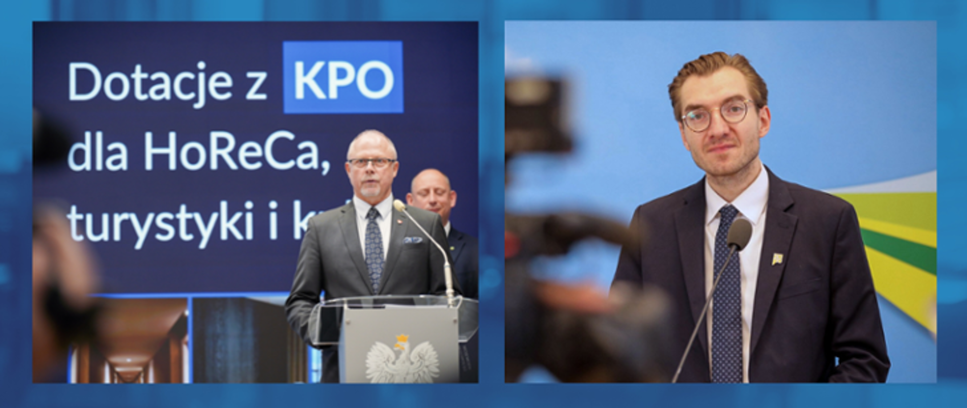 Grafika złożona z dwóch zdjęć na których przemawiają wiceministrowie Jacek Protas i Jan Szyszko