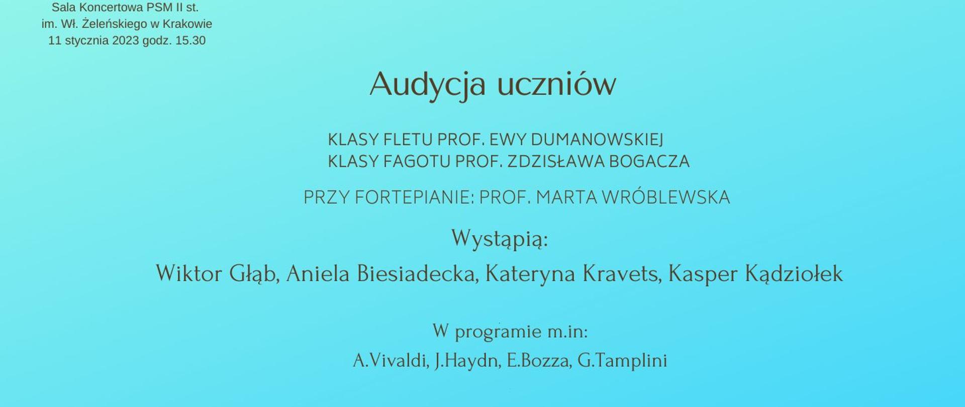 Na niebieskim tle napis audycja uczniów klasy fletu i fagotu 11.01.2023 godz. 15.30