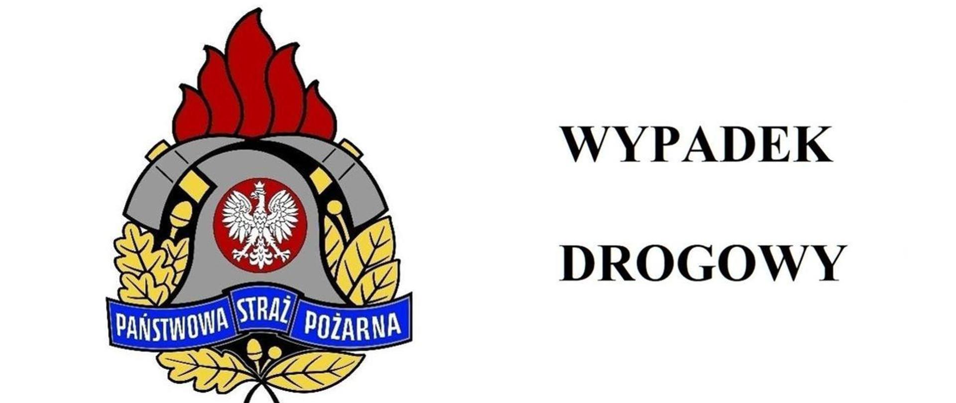 Widać logo PSP i napis wypadek drogowy na białym tle