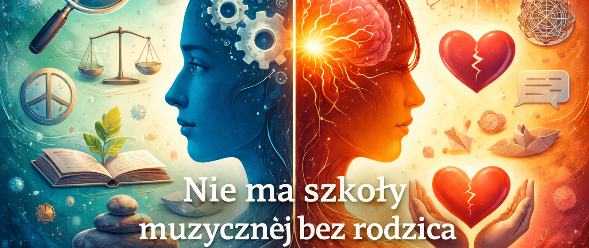 Pozioma, artystyczna grafika przedstawiająca dwa profile ludzkiej głowy ustawione plecami do siebie. Lewa strona utrzymana jest w chłodnych, niebieskich barwach i symbolizuje logikę — widoczne są elementy takie jak koła zębate, książka, waga czy symbole spokoju. Prawa strona utrzymana jest w ciepłych, czerwono-pomarańczowych kolorach i reprezentuje emocje — pojawiają się tam błyskawice, burzowa chmura, pęknięte serca oraz dynamiczne linie energii.
W dolnej części obrazu znajduje się duży napis: „Nie ma szkoły muzycznej bez rodzica”. Całość ma symboliczny, psychologiczny charakter i kontrastowo ukazuje równowagę między rozumem a emocjami.