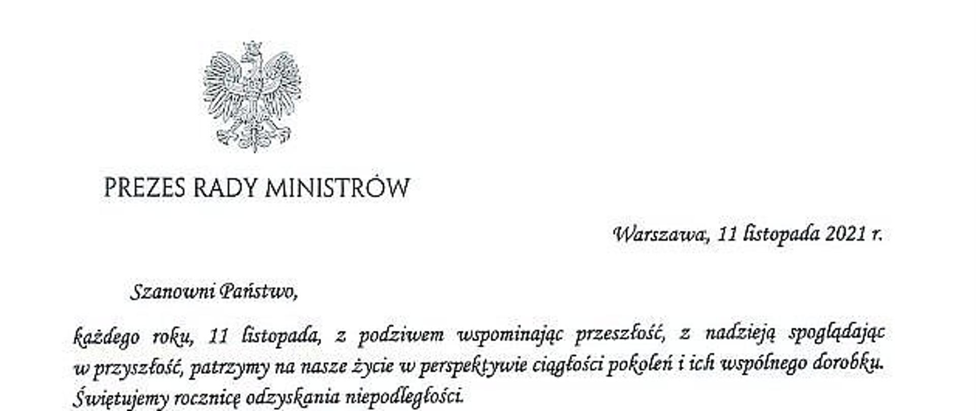 Zdjęcie przedstawia list Prezesa Rady Ministrów z okazji święta
