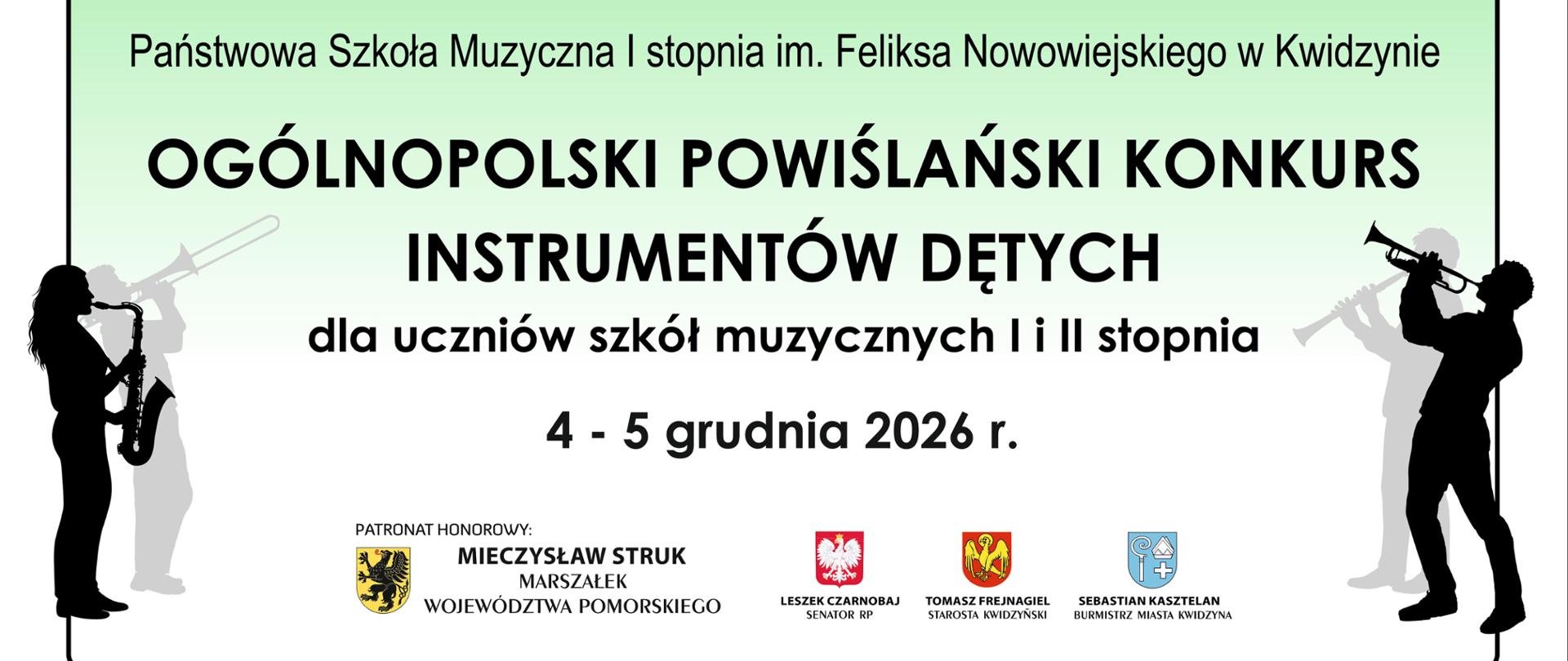 Plakat na jasnym tle, czarne napisy przedstawiające informację na temat konkursu, dwie postacie z instrumentami.