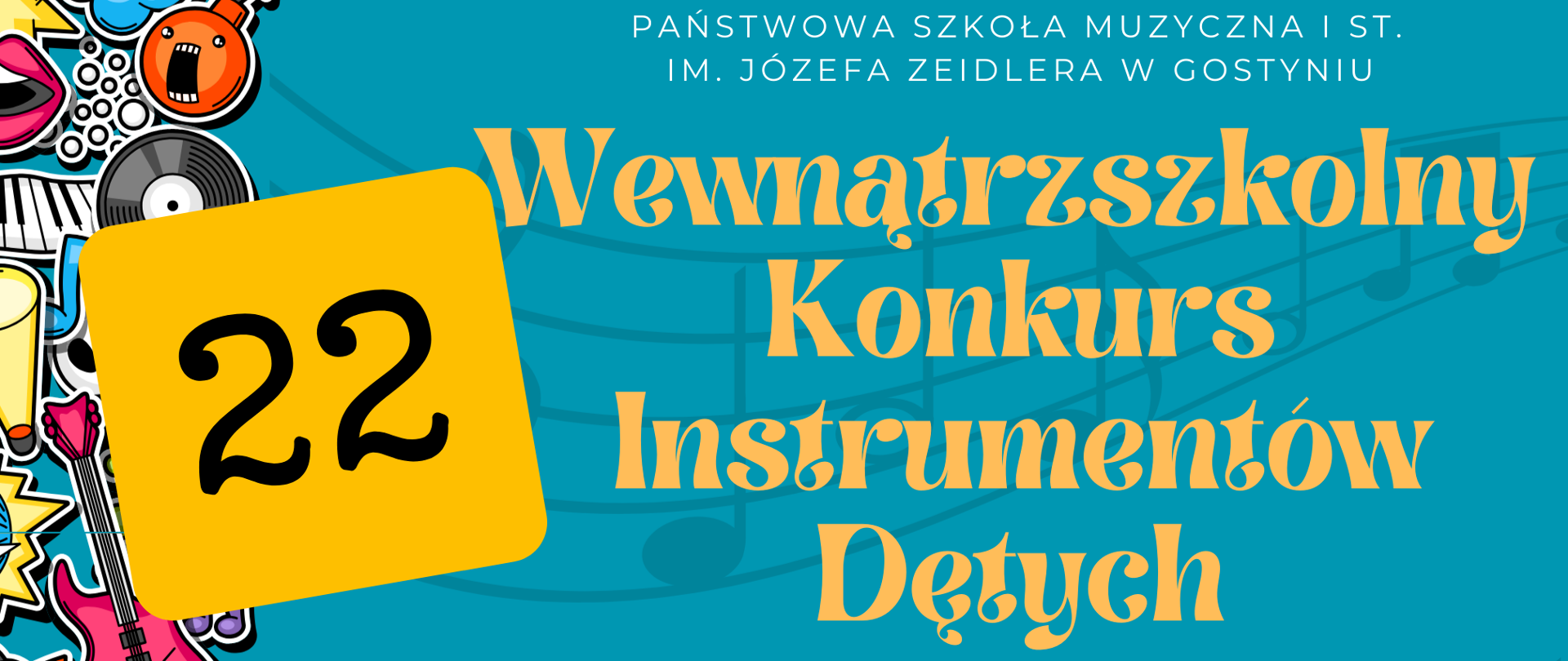 Plakat o 22 wewnatrzszkolnym konkursie instrumentów dętych - 9 grudnia 2025 godzina 17.00. 