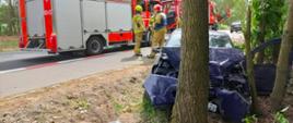 niebieski samochód uderzył w drzewo ma rozbity przód oraz otwarte drzwi od kierowcy na drodze stoją dwa samochody strażackie obok nich strażacy wokół drzewa