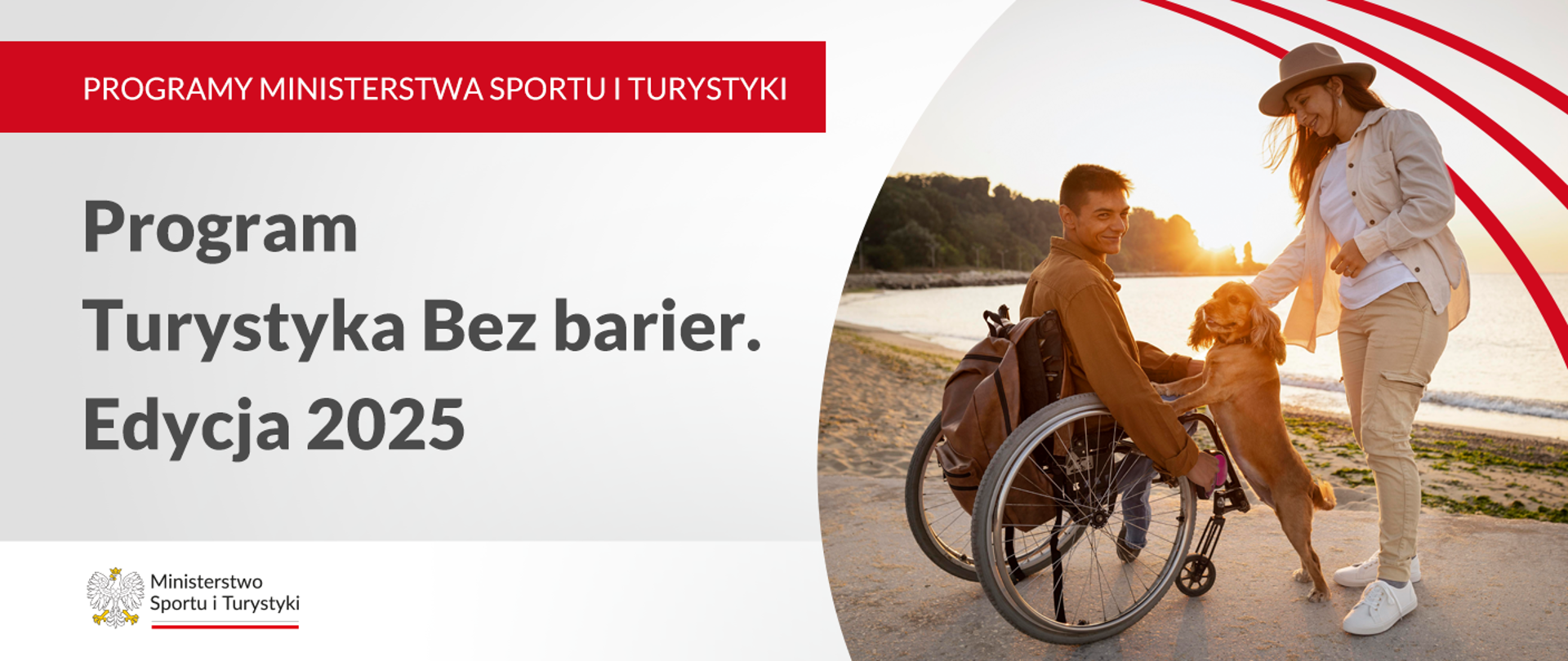 Grafika programu Turystyka bez barier. Edycja 2025. Po prawej stronie na zdjęciu jest mężczyzna na wózku inwalidzkim, pies i kobieta. Po lewej stronie nazwa programu a w dolnym lewym rogu logo ministerstwa