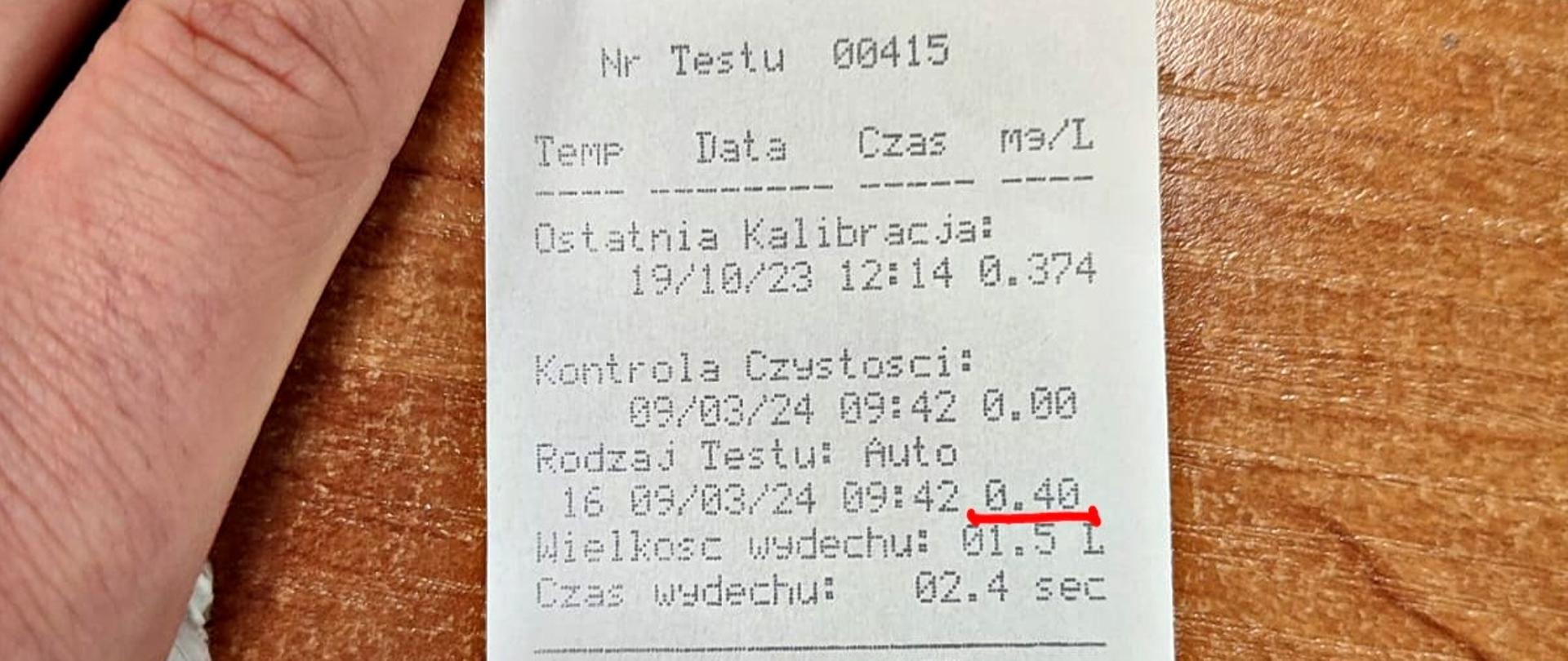 Wynik badania na zawartość alkoholu
