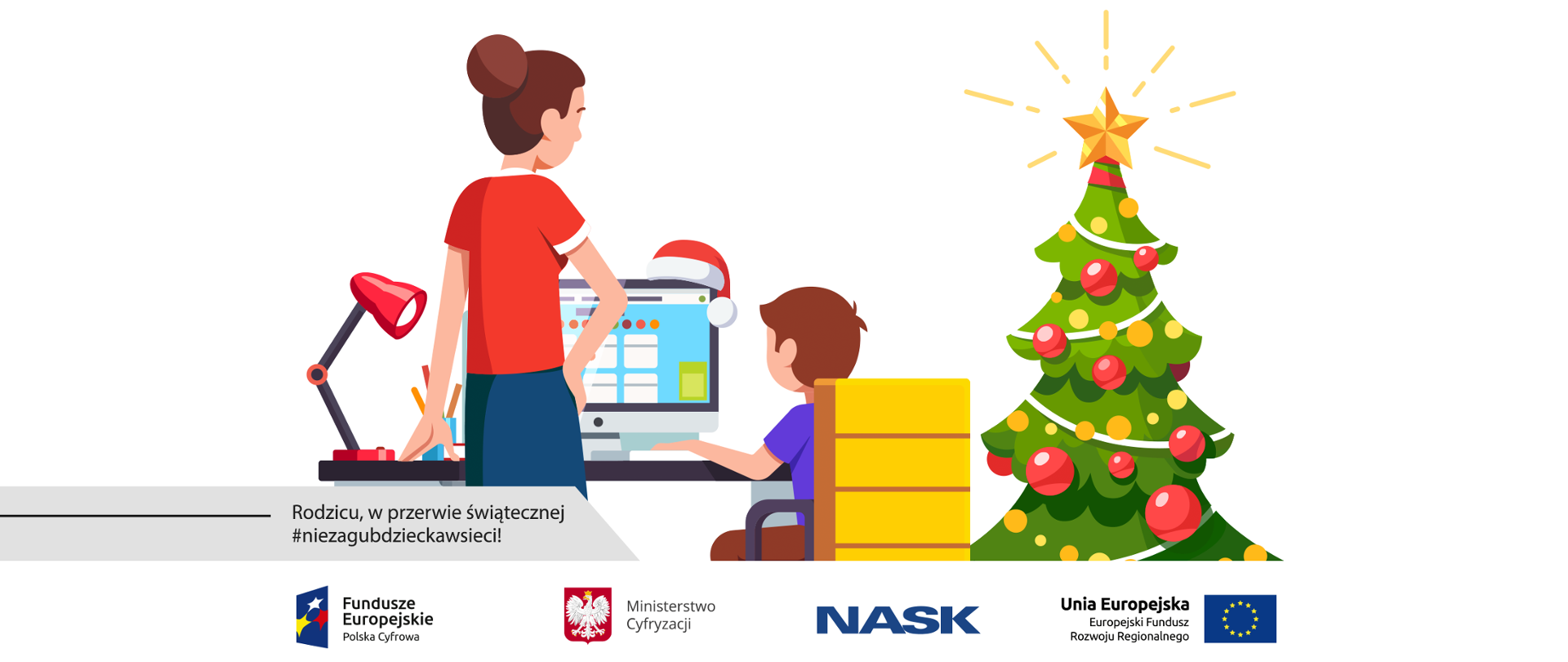 Obrazek przedstawia chłopca siedzącego przy komputerze i stojącą obok niego mamę. Na monitorze powieszona jest czapka Mikołaja, po prawej stronie biurka stoi choinka