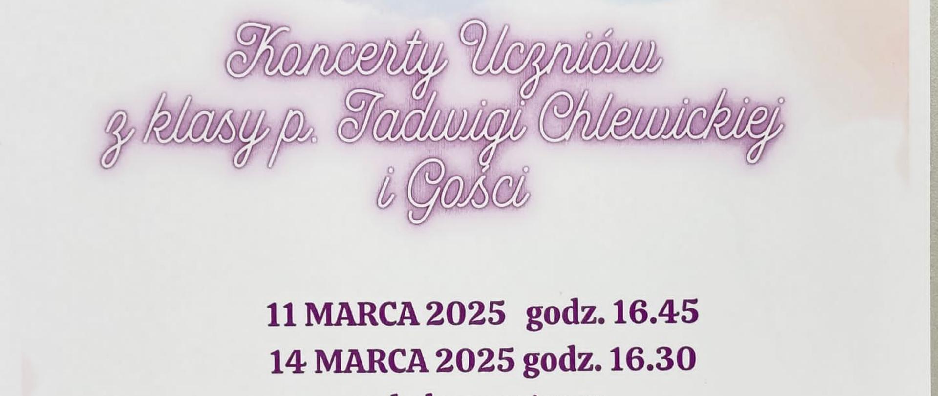 Plakaty pastelowe kolory na dole pofalowana pięciolinia z nutami pauzami kluczami wiolinowymi po przeciwległych krańcach kwiaty w kolorze pastelowym od góry Napisz granatowy państwowa szkoła muzyczna pierwszego i drugiego stopnia imienia Witolda Lutosławskiego w Nysie zaprasza na koncerty uczniów klasy p. Jadwigi Chlewickiej i gości 11.03.2025 16.45 14..03.2025 16:30 sala koncertowa