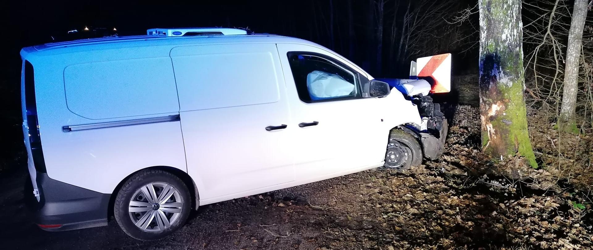 Zdjęcie zrobione nocą. Na drodze stoi biały samochód dostawczy, który uderzył w drzewo.