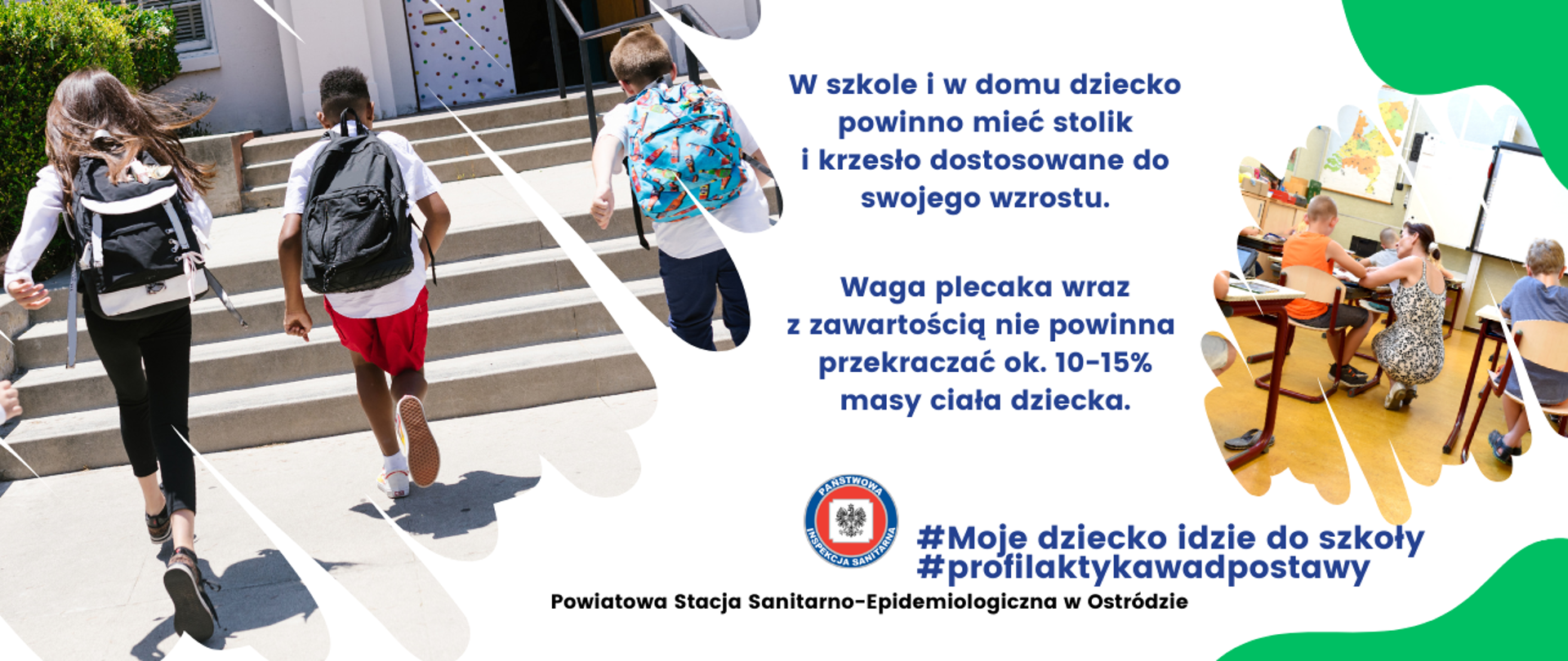 Grafika przestawia uczniów z plecakami oraz uczniów siedzących w ławkach szkolnych.