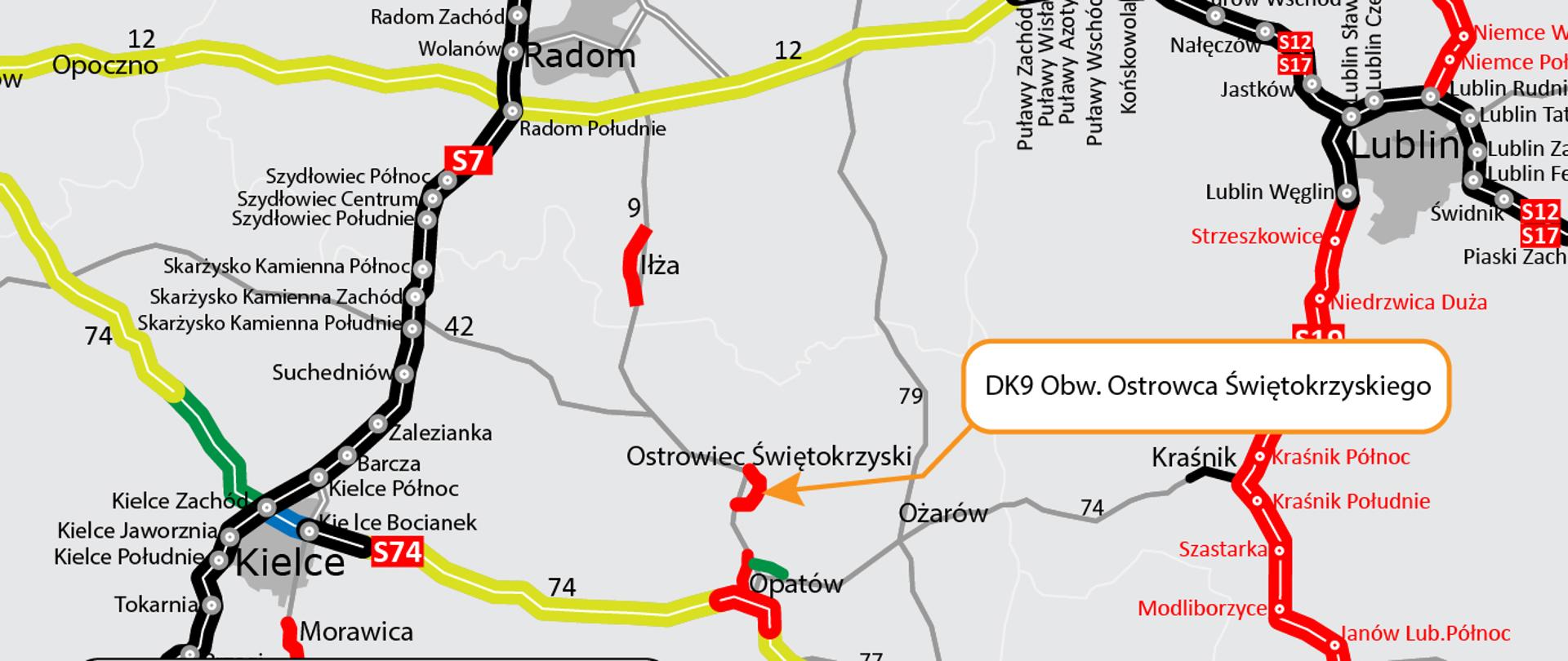 Mapa z zaznaczonym miejscem budowy obwodnicy Ostrowca Świętokrzyskiego w ciągu drogi krajowej nr 9 