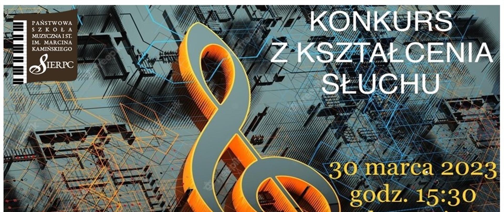 Pomarańczowy klucz wiolinowy na abstrakcyjnym tle technologicznym.