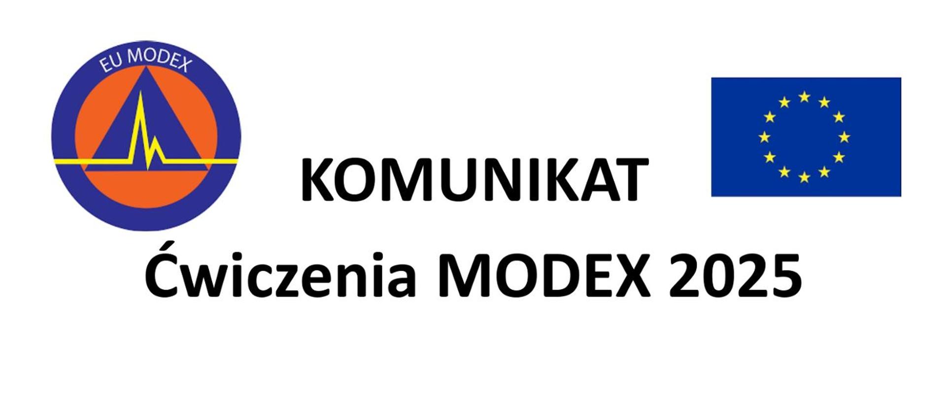 Grafika z napisem KOMUNIKAT Ćwiczenia MODEX 2025, grafika okrągła EU MODEX i flaga unijna