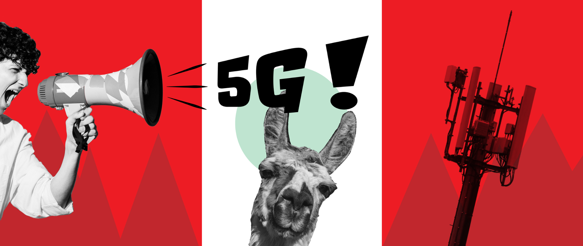 Grafika w kolorach czerwono-biało-czerwonym na wzór flagi Peru ze zdjęciami masztu telekomunikacyjnego, lamy i mężczyzny krzyczącego przez megafon. W centralnej części napis: 5G!