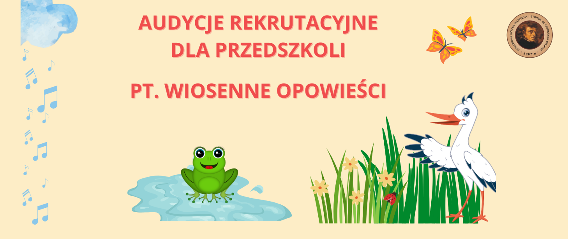 baner na jasnym kremowym tle, na środku bocian i żabka, po prawej logo szkoły
