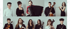 Plakat koncertu z kolażem portretów młodych muzyków trzymających instrumenty, na jasnym tle.