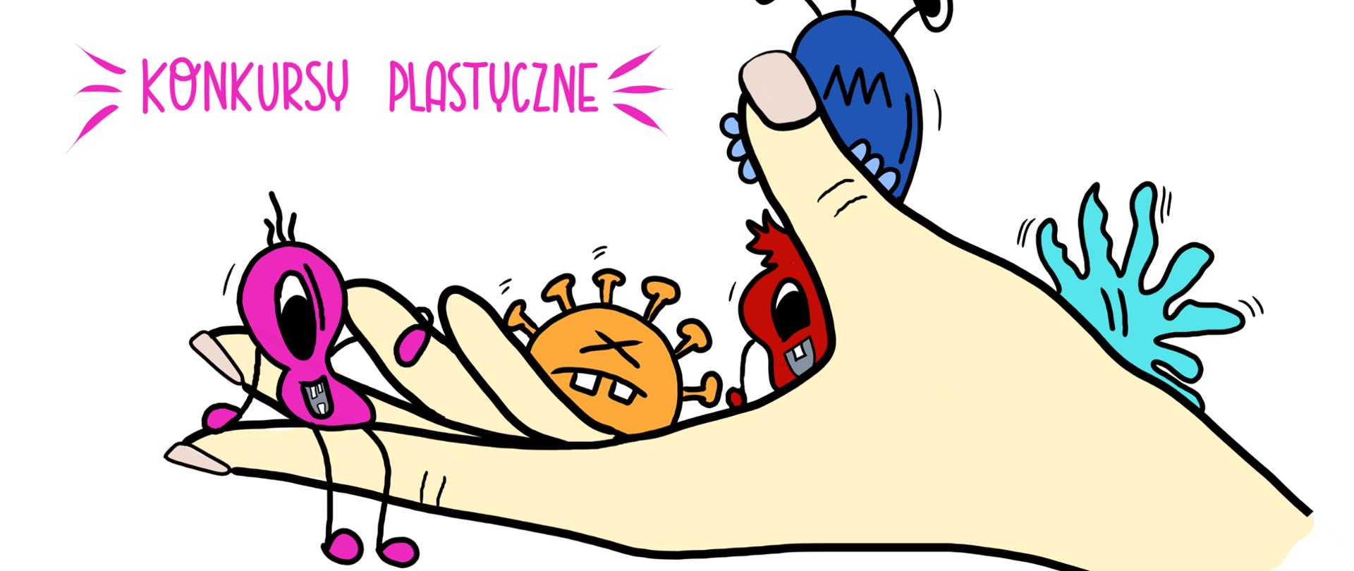 Na dłoni kolorowe bakterie i napis o konkursie pt. Dlaczego warto myć ręce?