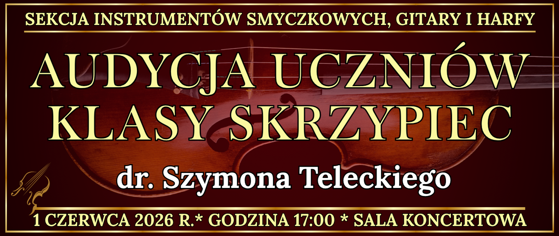 baner z jasną ramką w koło w tle skrzypce oraz informacja o wydarzeniu